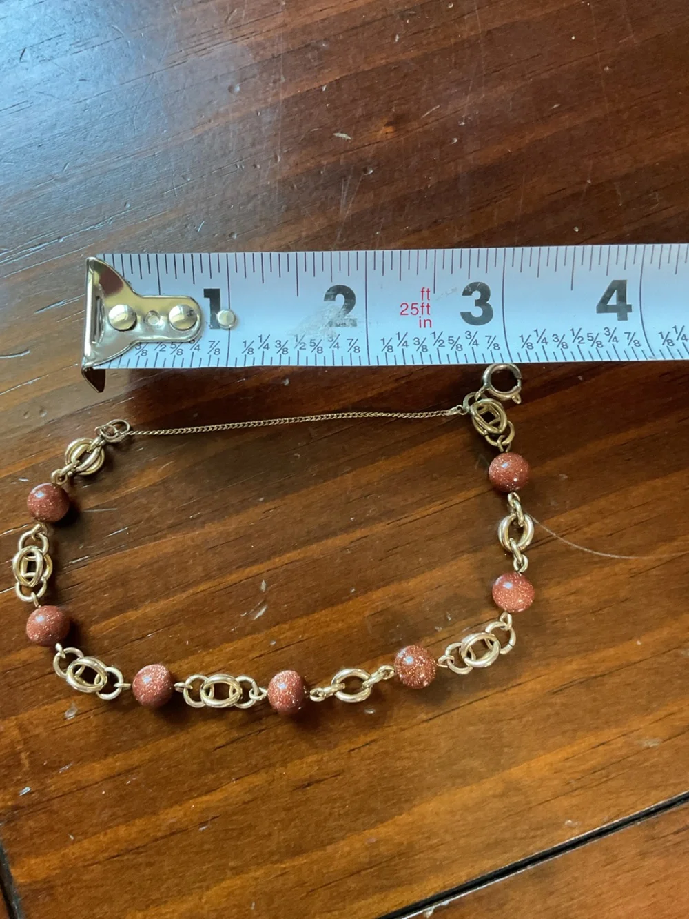 Goldstone and Gold Tone Chain Link Bracelet with Safety Chain Orange